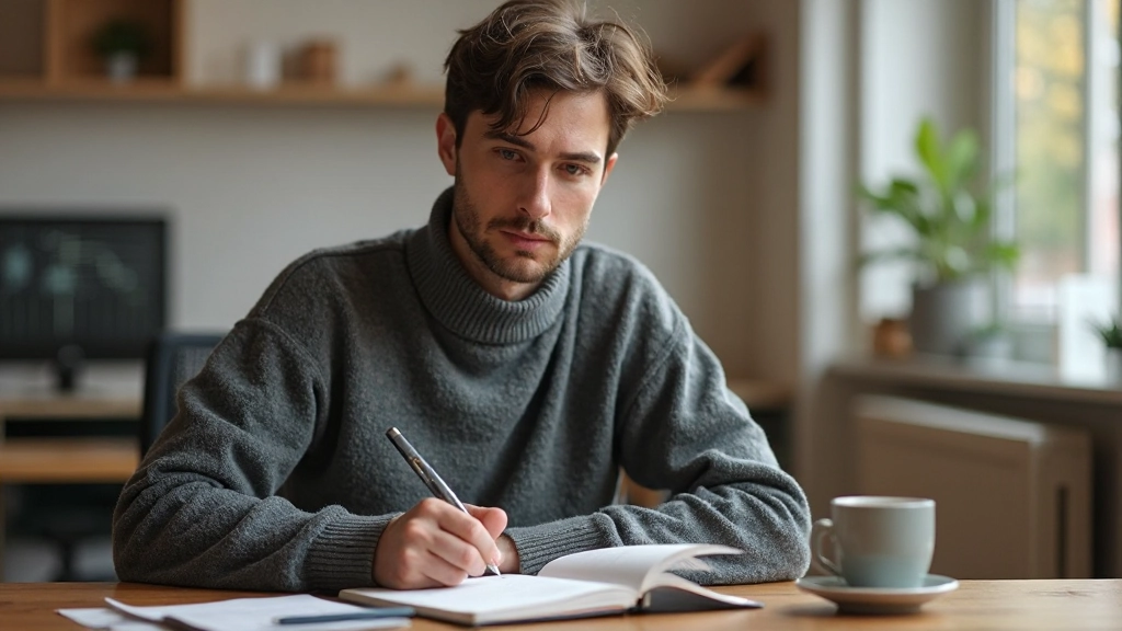 Persoon schrijft doelen op in notitieboek aan bureau met koffie en pen