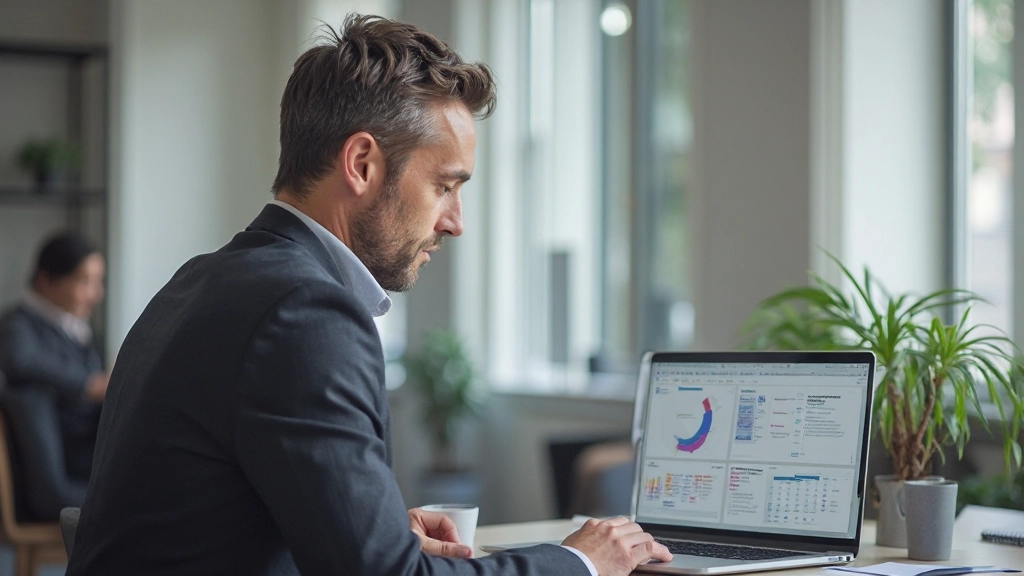Persoon controleert voortgang op laptop met grafieken en voortgangstabel
